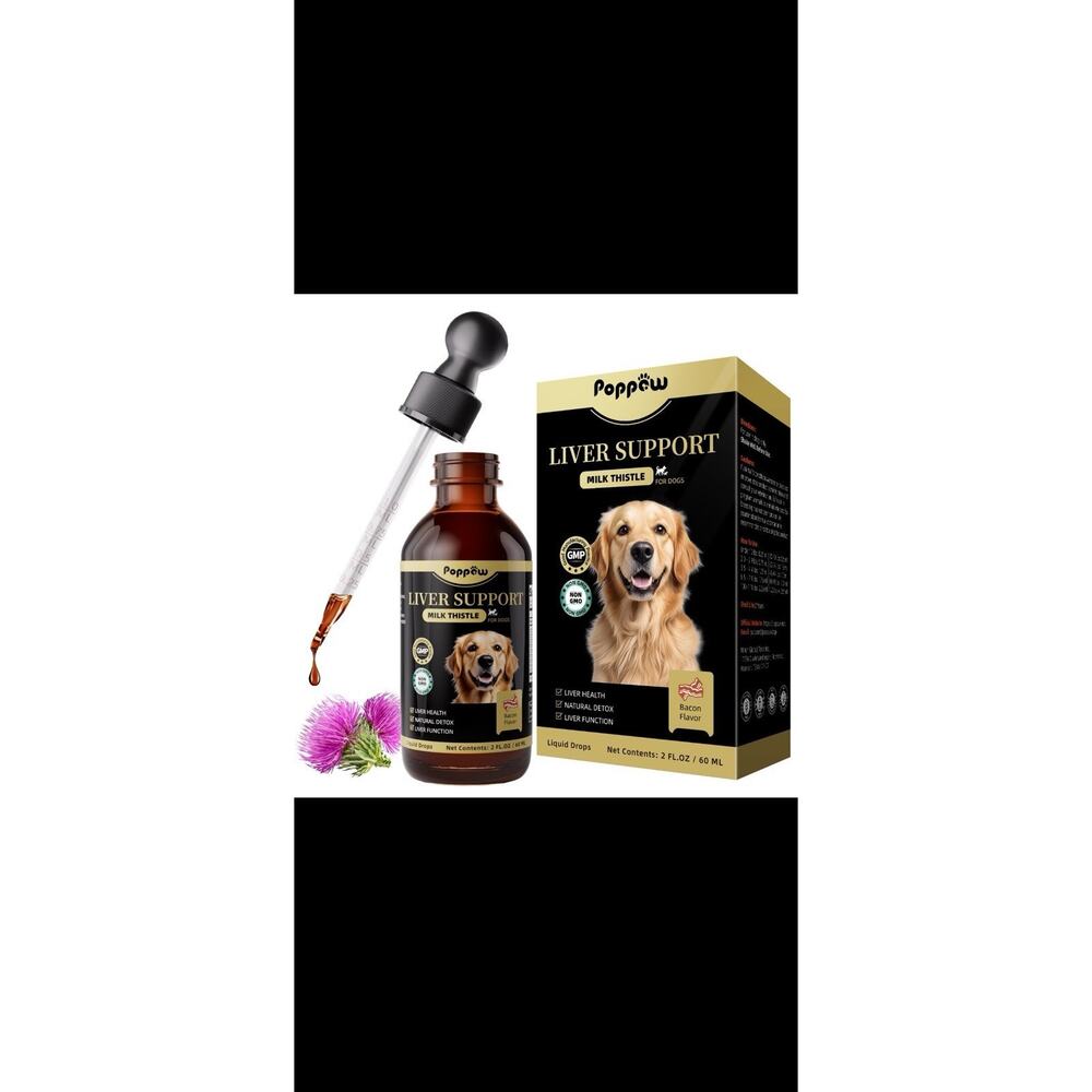 Poppaw Milk Thistle Liver Support Liquid Drops Bacon Flavor for Dogs All Sizes